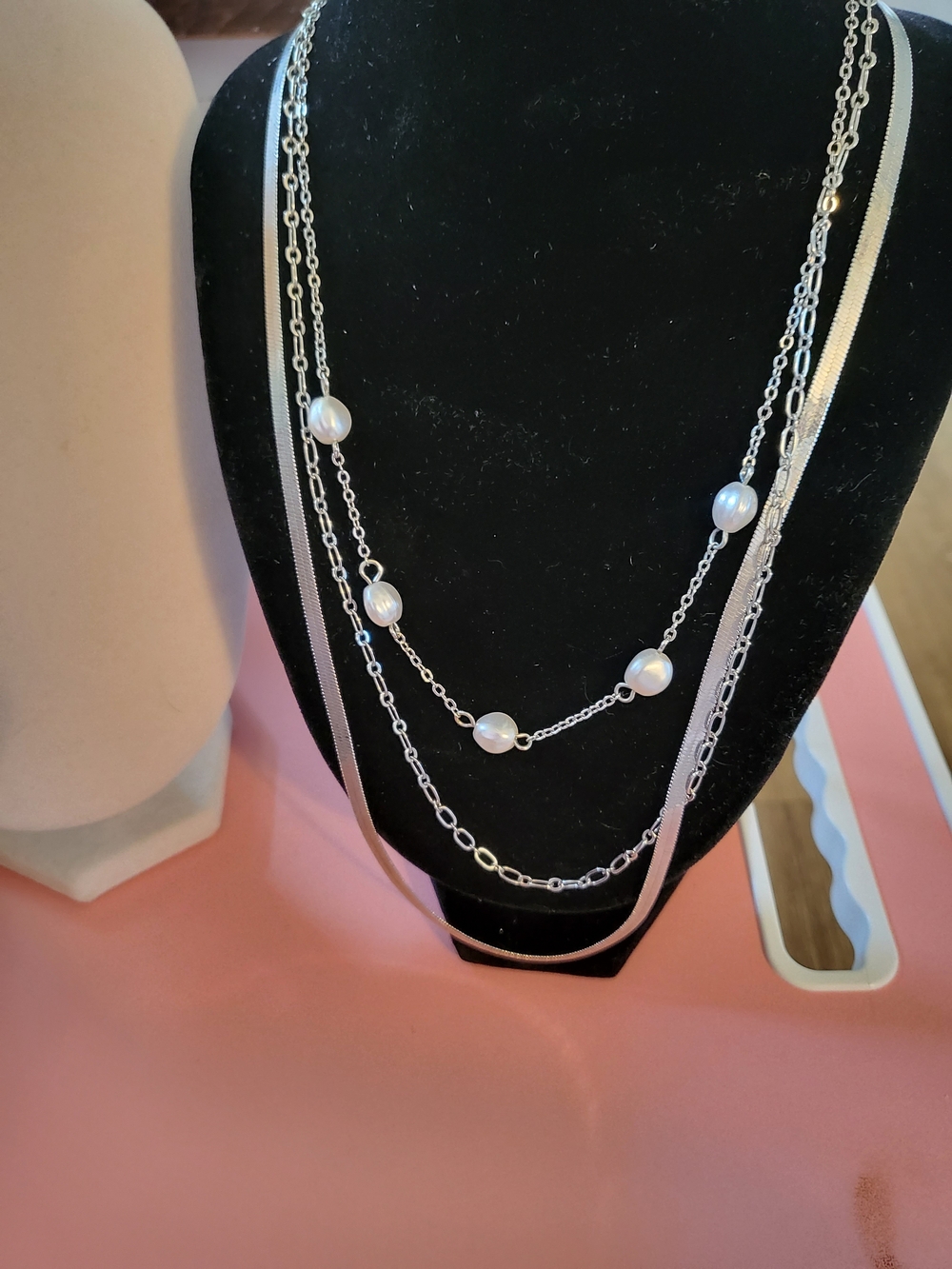 Multi-Strand Silver Pearl Station Necklace